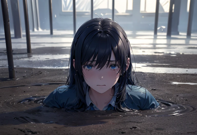 a girl, Slightly  High Resolution  , tears, Wet, Student Uniform, uniform, sink, Blue Swamp , sink, drowning, Sticky swamp, ( best quality, High Resolution  ,masterpiece:1.2),Super detailed,(Realistic,photoRealistic,photo-Realistic:1.37),(Complex, More Information :1.4), lighting of drama, Whimsical Atmosphere,(dark fantasy,gothic:1.2),gag,blue sand,prison