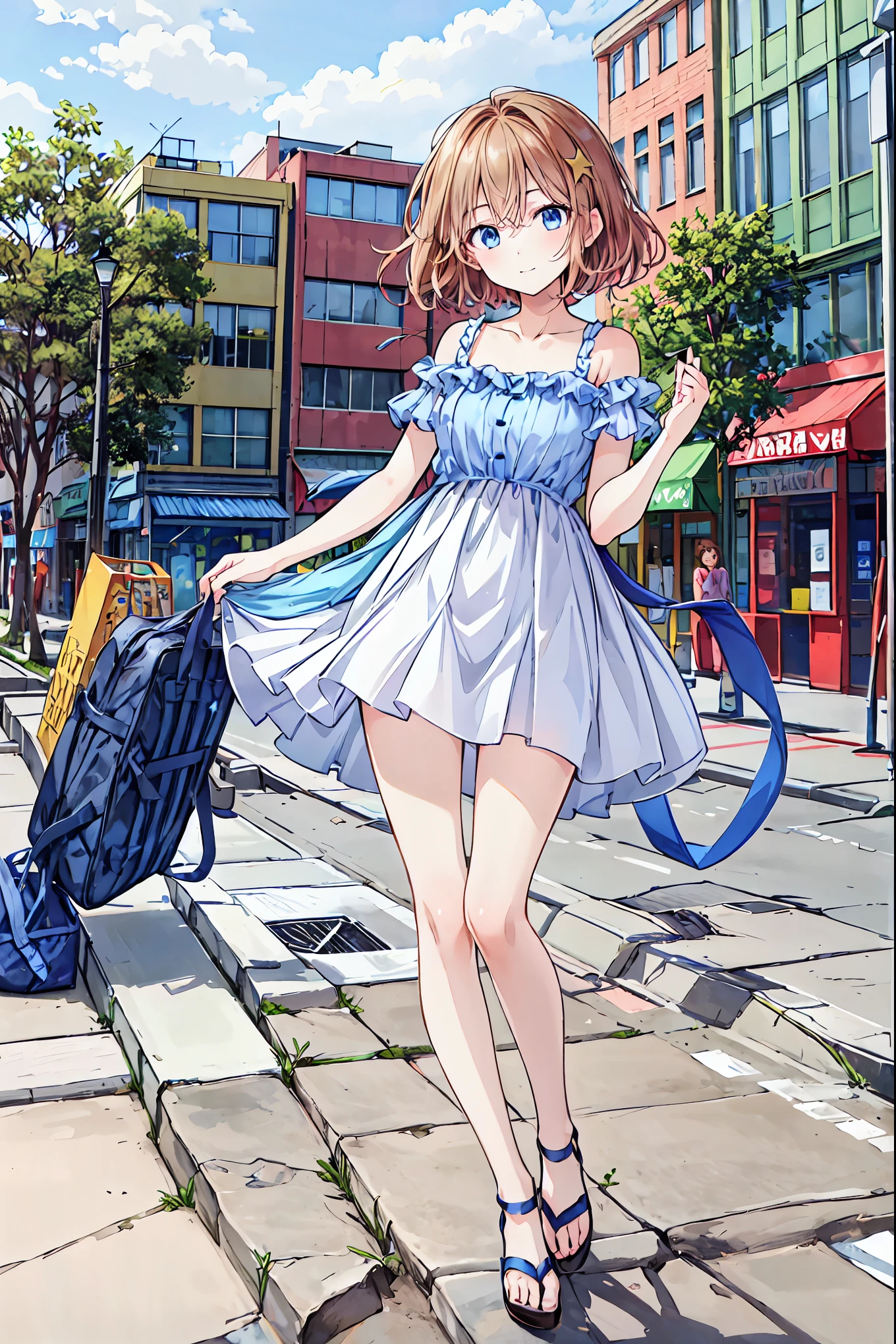 there is nothing、masterpiece、Chizuru Ichinose、Brown Hair、I、For women、street、 detailed background、Detailed eyes、((Brown eyes)), Beautiful and perfect legs , Clean and perfect hands,Brown Hair, shortcuts,Messy Hair,Short braided hair,Neat,Slender beauty,Correct posture,Small chest,Beautiful legs, Enchanting gray-blue eyes are shining like stars,Droopy eyes,Vibrant colors, beautiful eyes,A delicate smile,Textured Skin, best quality , gentle and beautiful woman ,Anime Style、