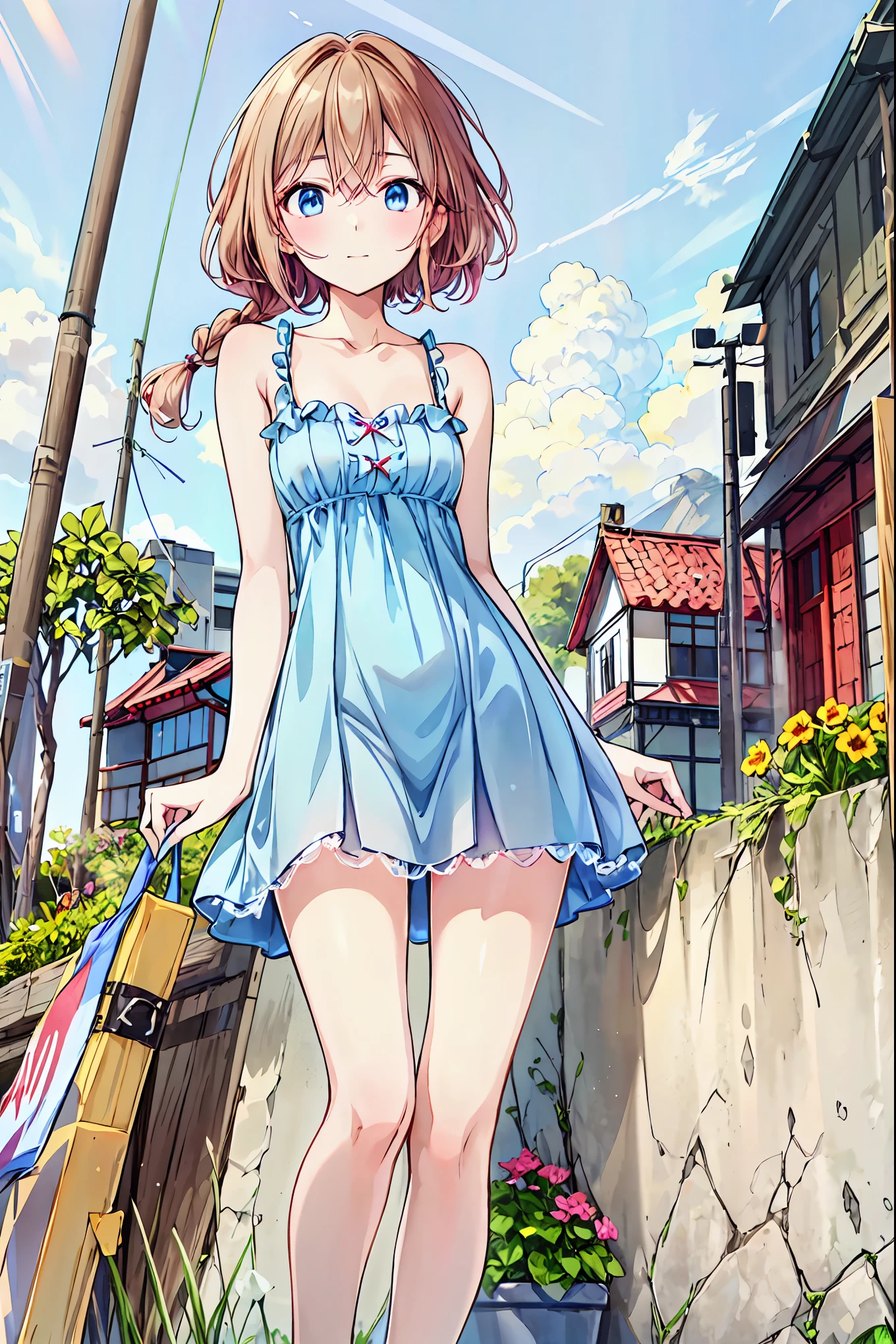 there is nothing、​masterpiece、Chizuru Ichinose、Brown Hair、I、For women、street、 detailed background、Detailed eyes、（（Brown eyes））, Beautiful and perfect legs , Clean and perfect hands，Brown Hair， shortcuts，Messy Hair，Short braided hair，Neat，Slender beauty，Correct posture，Small chest，Beautiful legs， Enchanting gray-blue eyes are shining like stars，Droopy eyes，Vibrant colors, beautiful eyes,A delicate smile,Textured Skin, best quality , gentle and beautiful woman ,Anime Style､