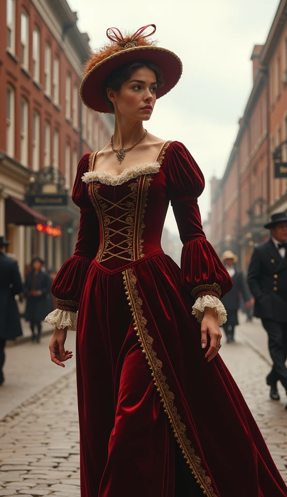 ((show full body from head to toe, standing, body facing to the viewer (show front body)). Tall body, fit body, slender body, medium breast. A female wizard wearing red and white clothes, long sleeves(lace sleeves), skirts, corset, cloak, robes, cape, pauldron, gloves, stockings, show heels. short hair with updo. Masterpiece:1.5, illustration:1.1, best quality:1.5, fine detail, 4k, HDR, balance focused camera view, middle camera view, vertical scape camera, natural lighting, bright lighting, sunlight, sharp focus, smooth detail, HDR. Outdoor at a city road.