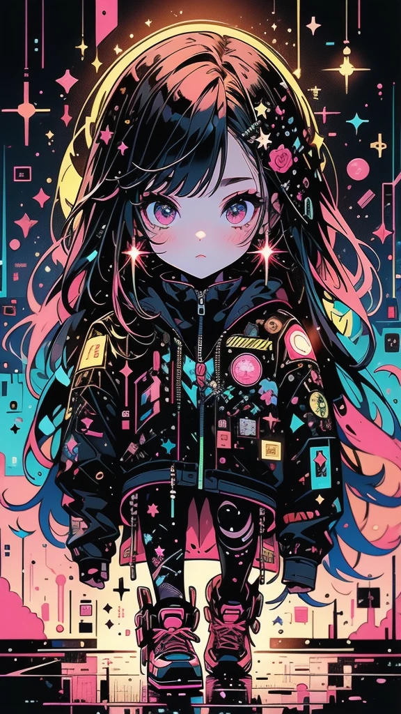 1girl,(((The best composition、Best Quality、最高masterpiece、 ultra high definition 、Super detailed、HHD)))、  main color is red pink, ゴスCyberpunk、 milky way銀河の背景,neon,Cyberpunk,  best quality, masterpiece, Absurd, simple background red pink,star、star空、milky way、流star群、Cybergoth、neonライト、Full-body portrait、neonライトの縁取り、