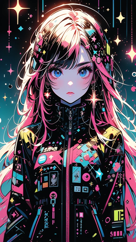 1girl,(((The best composition、Best Quality、最高masterpiece、 ultra high definition 、Super detailed、HHD)))、  main color is red pink, ゴスCyberpunk、 milky way銀河の背景,neon,Cyberpunk,  best quality, masterpiece, Absurd, simple background red pink,star、star空、milky way、流star群、Cybergoth、neonライト、Full-body portrait、neonライトの縁取り、