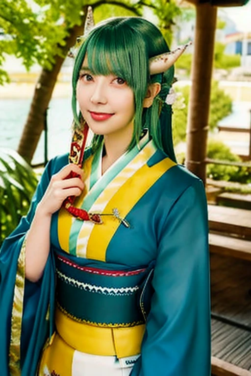  best quality, masterpiece,  High Resolution , Alone, {_fgo:1.15}, horn, length_hair, yellow_eye, Dragon_horn, smile, , green_hair, 前hair, Aqua_hair, chest, hair_between_eye, 1girl, hand_, holding, holding_, Japanese_Clothes, kimono, length_sleeves, looking_in_Viewers, heart, sash, wide_sleeves, Folding_, multiple_horn, Dragon_girl,  upper _body