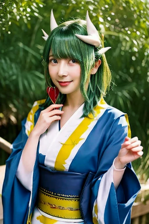  best quality, masterpiece,  High Resolution , Alone, {_fgo:1.15}, horn, length_hair, yellow_eye, Dragon_horn, smile, , green_hair, 前hair, Aqua_hair, chest, hair_between_eye, 1girl, hand_, holding, holding_, Japanese_Clothes, kimono, length_sleeves, looking_in_Viewers, heart, sash, wide_sleeves, Folding_, multiple_horn, Dragon_girl,  upper _body