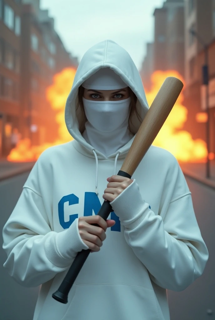 Ein junges, naughty girl, with long blonde braids, wears a unicorn hooded costume and holds a flamethrower in his hands.