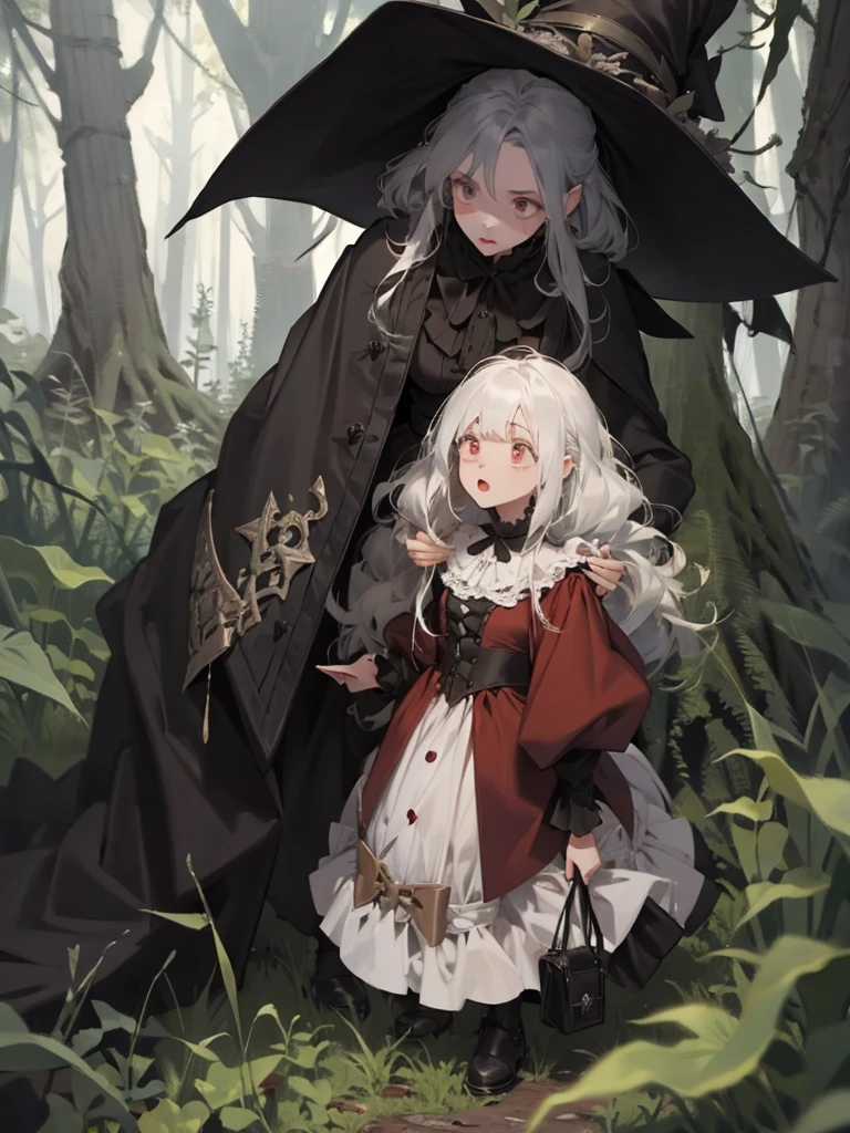 Loli, pale skin, sad face, cry, kneeing pose, very long multicolored hair, knife in hend, mantle, bare feet, dark forest, red flowers, focus on body, rainy weather, blood everywhere