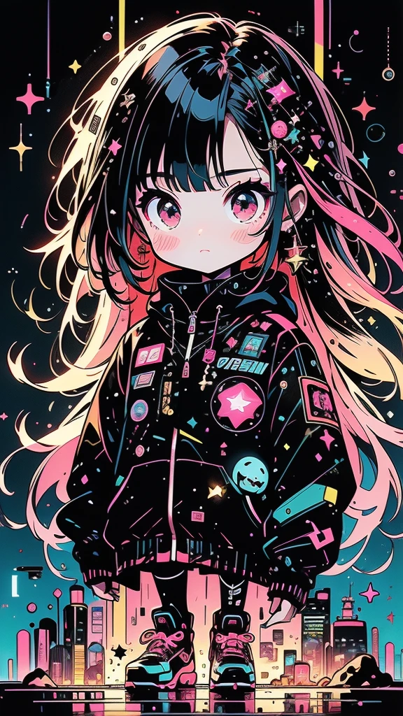 Chibi、cute、1girl,(((The best composition、Best Quality、最高masterpiece、 ultra high definition 、Super detailed、HHD)))、  main color is red pink, ゴスCyberpunk、 milky way銀河の背景,neon,Cyberpunk,  best quality, masterpiece, Absurd, simple background red pink,star、star空、milky way、流star群、Cybergoth、neonライト、Full-body portrait、neonライトの縁取り、