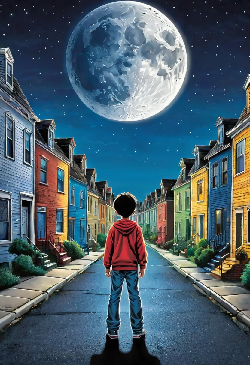 Night scene. a boy stands in the middle of a street lined with houses. His back is facing the viewer. The moon is large in the sky. (Anatomically correct) cartoon style poster artwork stunning artwork detailed high quality 