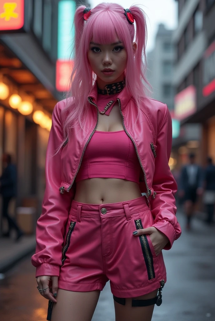 (masutepiece, Best Quality), ultra-detailliert, Photorealsitic, a short pink hair, beautiful female model, ((Coordinating sexy leather jackets)), leather pant, open-shirt, high-heels, a necklace, Ring Accessories, short Hair, Perfect face, Beautiful face, enticing, big gorgeous eyes, blue eyess, heavy make up, red-lips, seducting smile, Glamorous body, Voluptuous body, Big ass, down town, suggestive pose