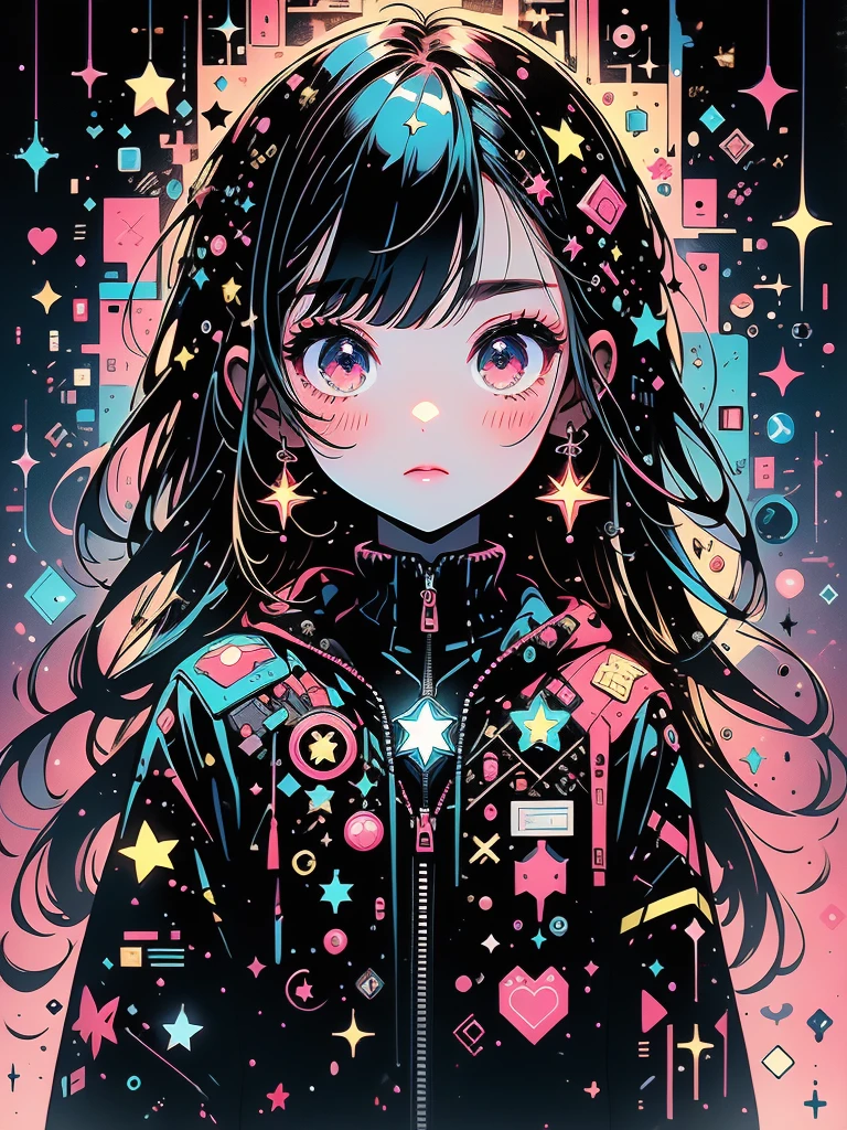 Chibi、cute、1girl,(((The best composition、Best Quality、最高masterpiece、 ultra high definition 、Super detailed、HHD)))、  main color is red pink, ゴスCyberpunk、 milky way銀河の背景,neon,Cyberpunk,  best quality, masterpiece, Absurd, simple background red pink,star、star空、milky way、流star群、Cybergoth、neonライト、Full-body portrait、neonライトの縁取り、