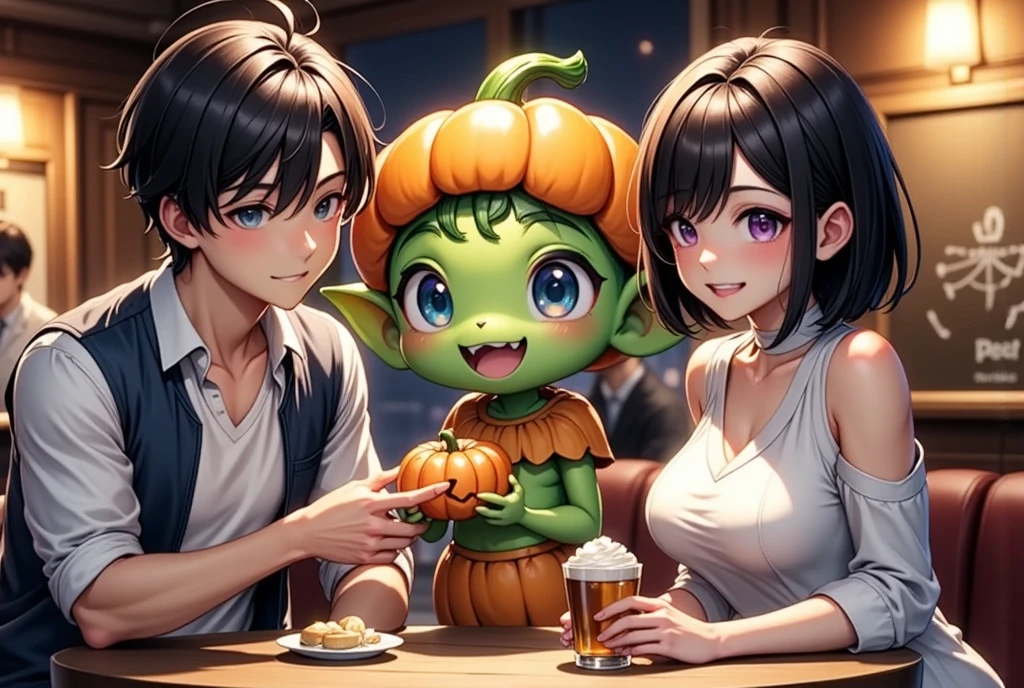 (masterpiece,  best quality:1.2), 1 character , Alone,Panky ,pumpkin,  green alien ,   mascot character  ,   comical monster  ,   Halloween character  , Adorable eyes,  in the pub, Serrated teeth, Dropped ears, pumpkin cap, pumpkin bustle,  baby looks  ,   mascot character , wait. ,Not Human,  Halloween scene receiving sweets from male and female couples ,Handsome young man･Aska and a beautiful woman with semi-long black hair ･榛名がショートケーキをPanky に渡している詳細な2Dリアルデジタルアート