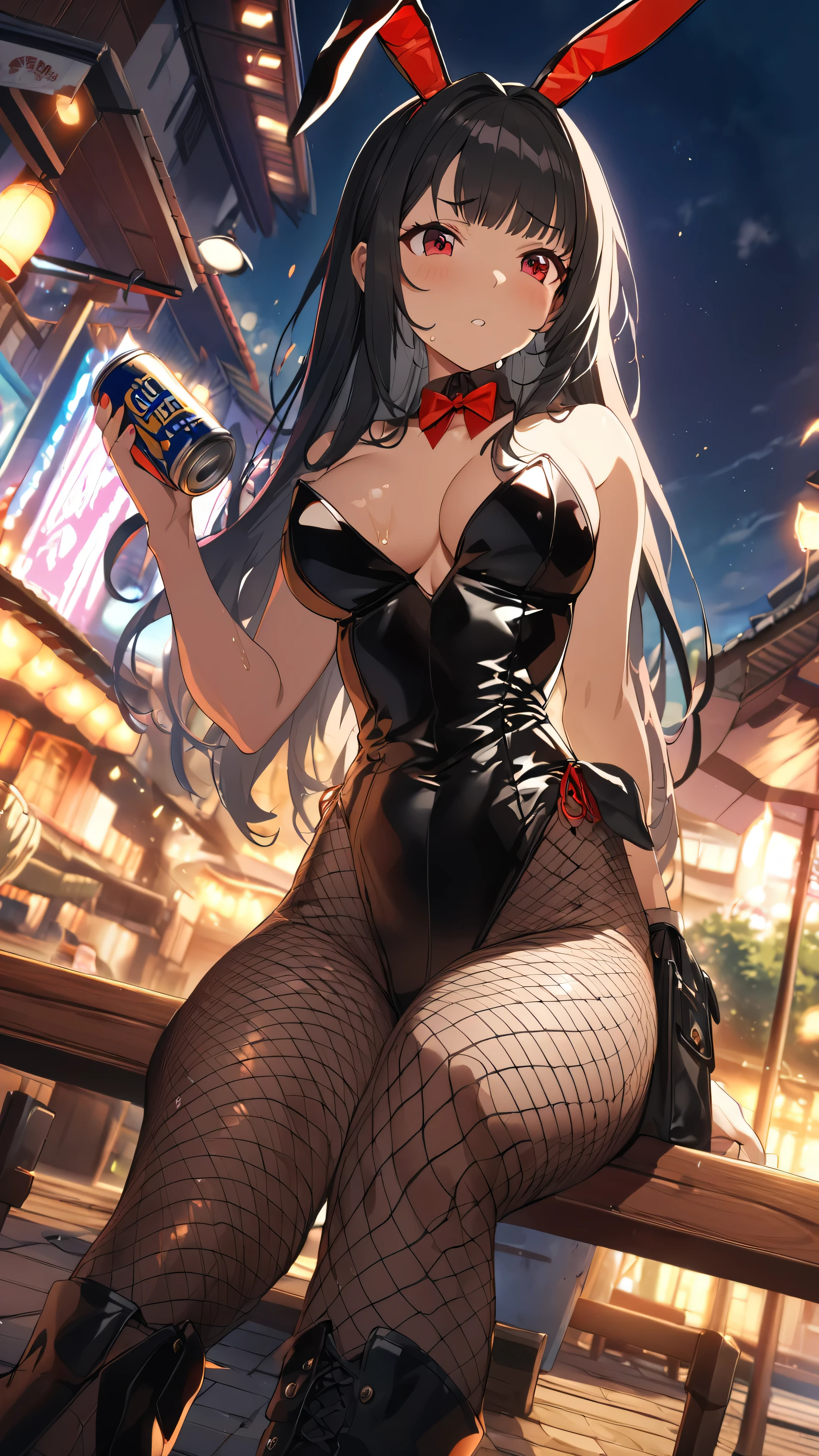 Best quality, massive breasts, massive ass, very curvy, dark brown skin, long blond hair, yellow eyes, slutty, gyaru, full lips, seductive, smiling, hot, sweating, sweaty, slight tan, big , tan skin, flustered, blush, buny suit, bunny suit, black hair, ponytail, bunny girl, black suit, fishnet stockings, hot, in bar, plump, fishnet stocking, club, playbunny, emberased, beet red cheeks, liquor, bar, beer, brown skin, dark skin