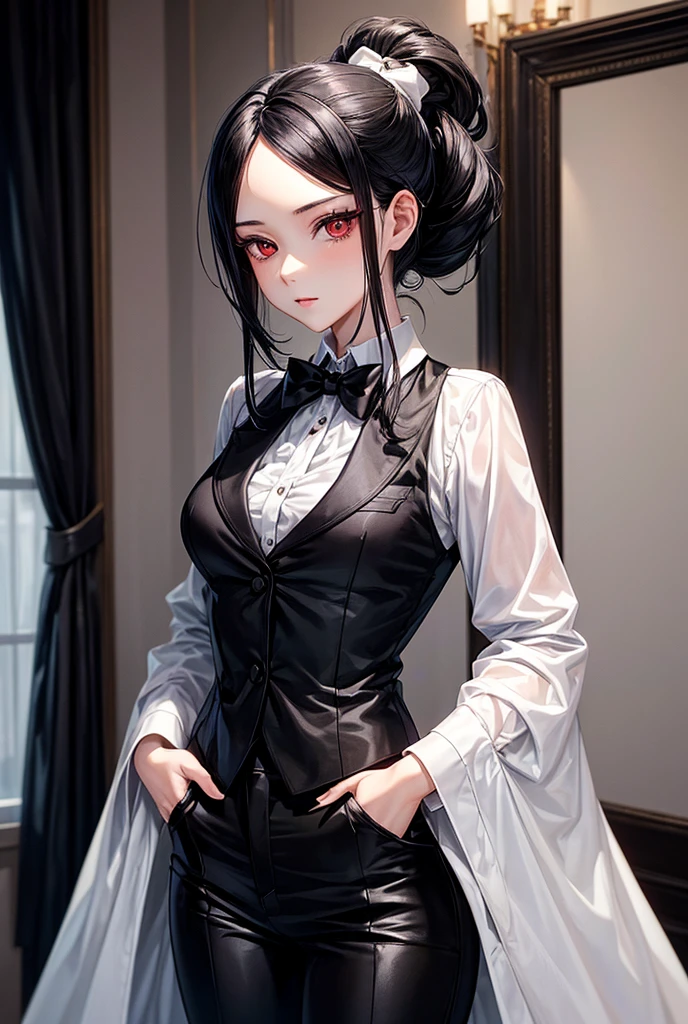 (Top resolution、Distinct_image)top-quality、female 、​masterpiece、highly detailed、Semi-realistic、purple eyes  、18year old、young、cool clothing、Exquisite facial features、Facial features ,variations, potrait, a bar background,   Black hair , long straight hairstyles, wear black suits, Mafia , yakuza, criminals , badass, 