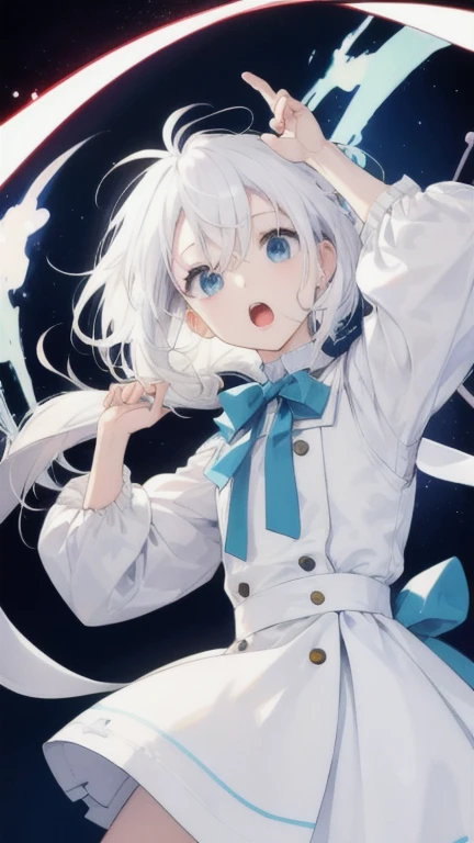 White jacket with cat hood Blue eyes Hair is white Bob one person Cats Around White dress shirt and blue skirt Blue ribbon around neck