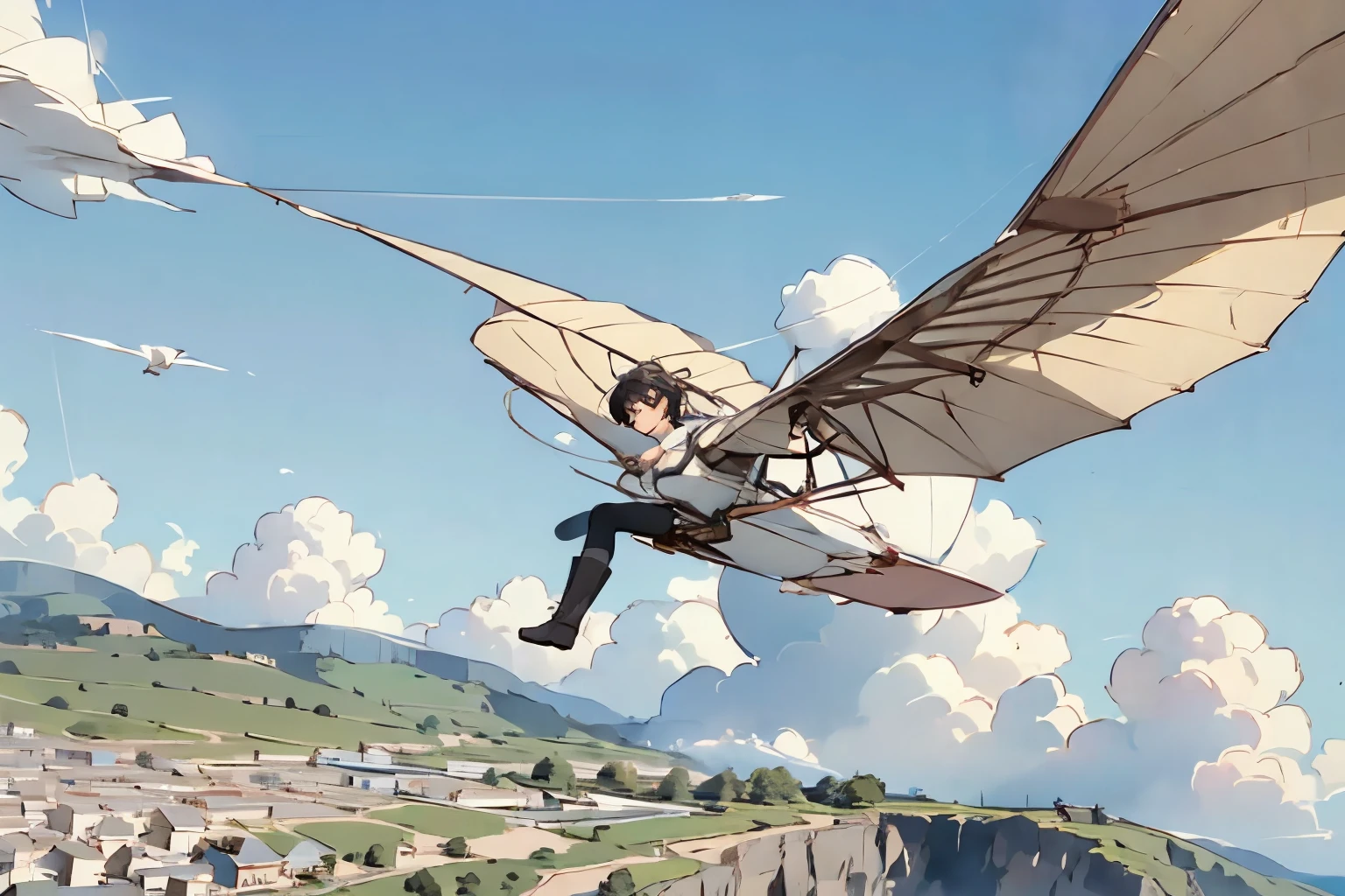  beautiful girl with high breasts、 fly in the sky on a glider in the shape of a bird's wing、Take off from a cliff 、Alone、 short cut hair、(goggles)、boots、 blue sky and white clouds 、 see a rural cityscape below 、Detailed Description、Dramatic composition、Best Quality、  High Resolution  、masterpiece、wallpaper、8k、