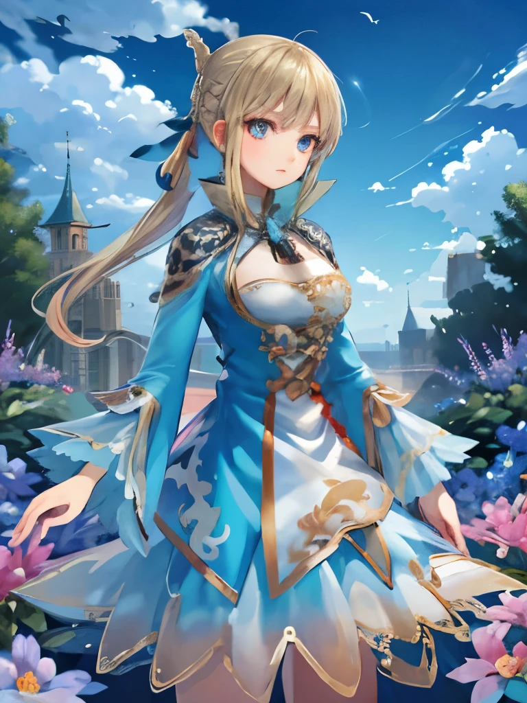 masterpiece, Best Quality, Very detailed , 16k, Ultra High Resolution , cowboy shooting, Detailed face , Perfect fingers, 1 female, , blue eyes, blond, braid, royal palace, garden, Hey, ,There's a bird up there.