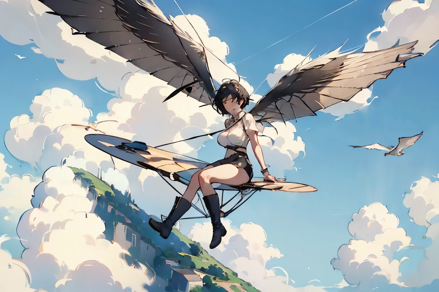  beautiful girl with high breasts、 fly in the sky on a glider in the shape of a bird's wing、Take off from a cliff 、Alone、 short cut hair、(goggles)、boots、 blue sky and white clouds 、 see a rural cityscape below 、Detailed Description、Dramatic composition、Best Quality、  High Resolution  、masterpiece、wallpaper、8k、