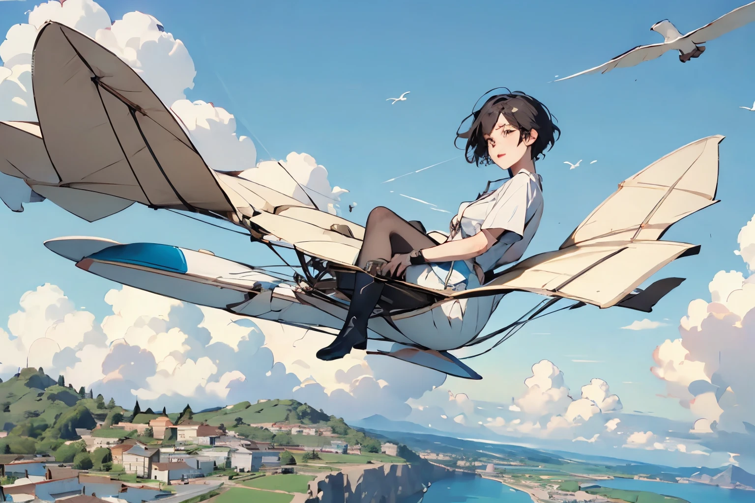  beautiful girl with high breasts、 fly in the sky on a glider in the shape of a bird's wing、Take off from a cliff 、Alone、Beautiful Face、 short cut hair、(goggles)、boots、 blue sky and white clouds 、 see a rural cityscape below 、Detailed Description、Dramatic composition、Best Quality、  High Resolution  、masterpiece、wallpaper、8k、