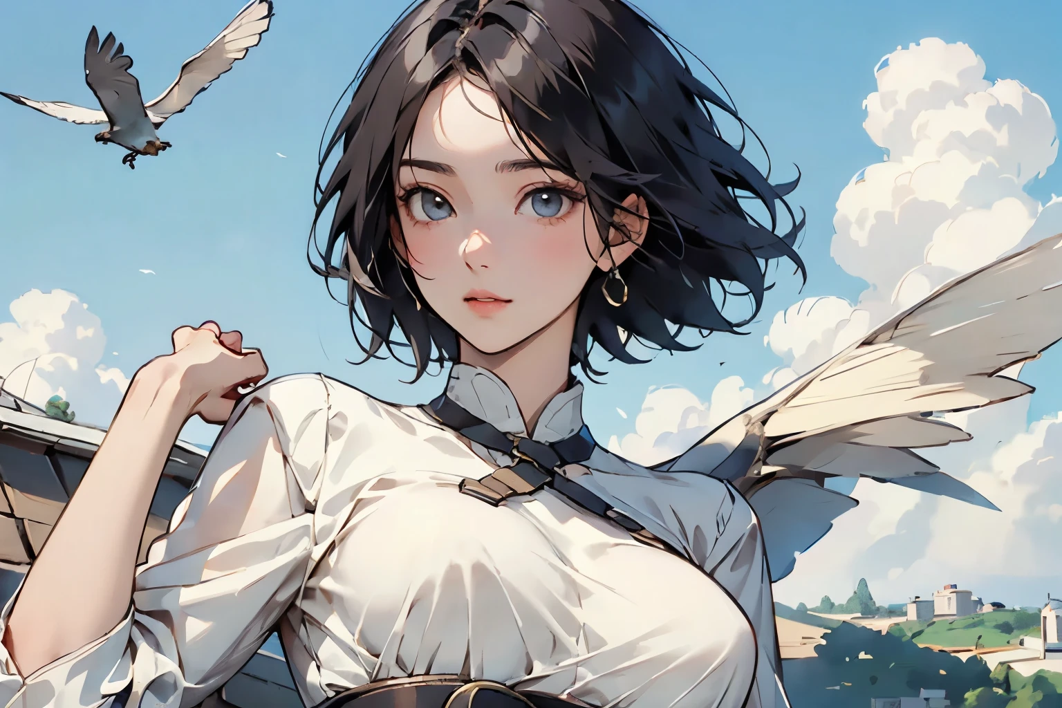  beautiful girl with high breasts、 fly in the sky on a glider in the shape of a bird's wing、Take off from a cliff 、Alone、Beautiful Face、 short cut hair、(goggles)、boots、 blue sky and white clouds 、 see a rural cityscape below 、Detailed Description、Dramatic composition、Best Quality、  High Resolution  、masterpiece、wallpaper、8k、