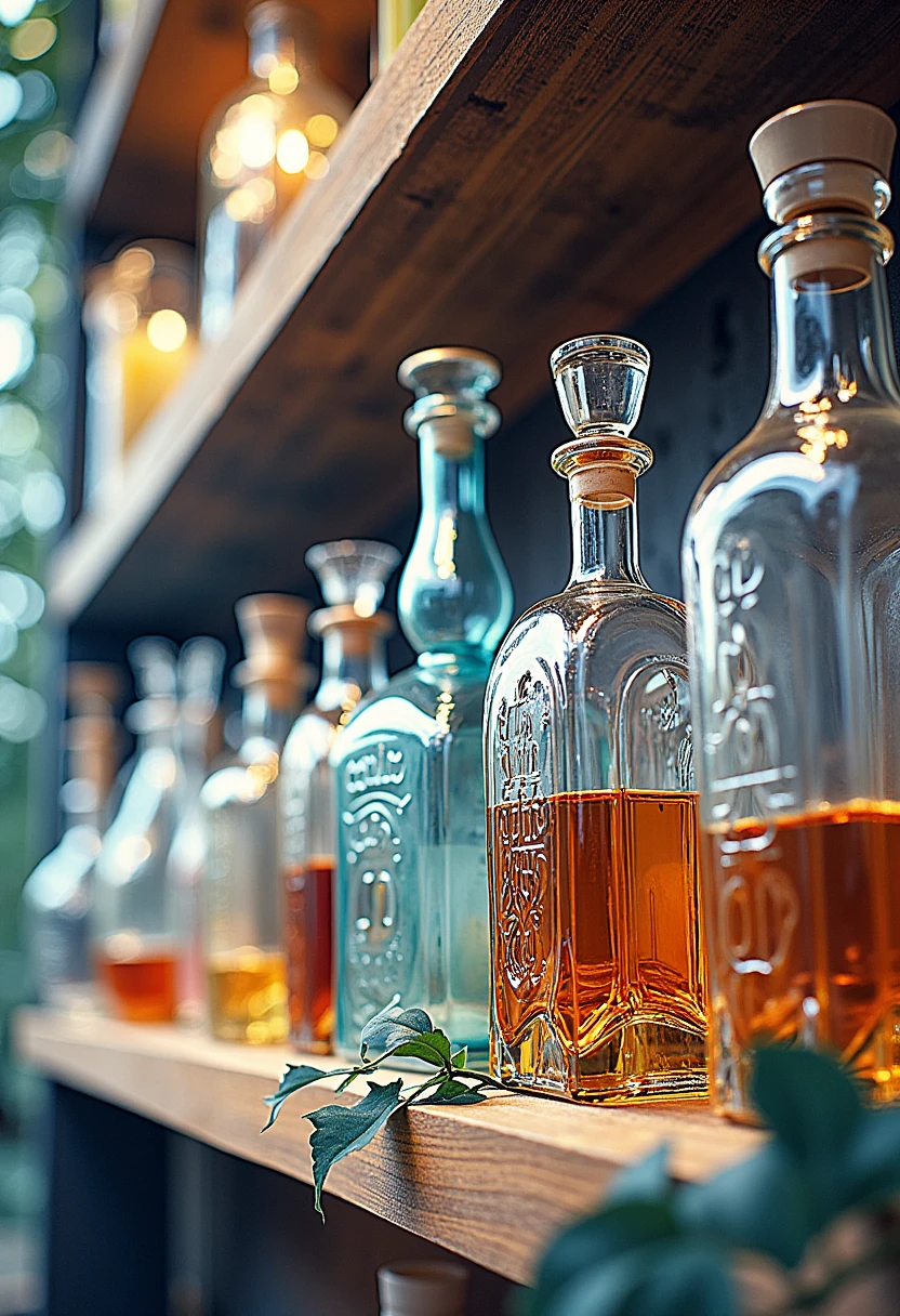 Bar、On the shelf々   bottles arranged in a row  、  Depth of Field、Beautiful glass   、Backlight、  realistic painting style、  high-resolution images  