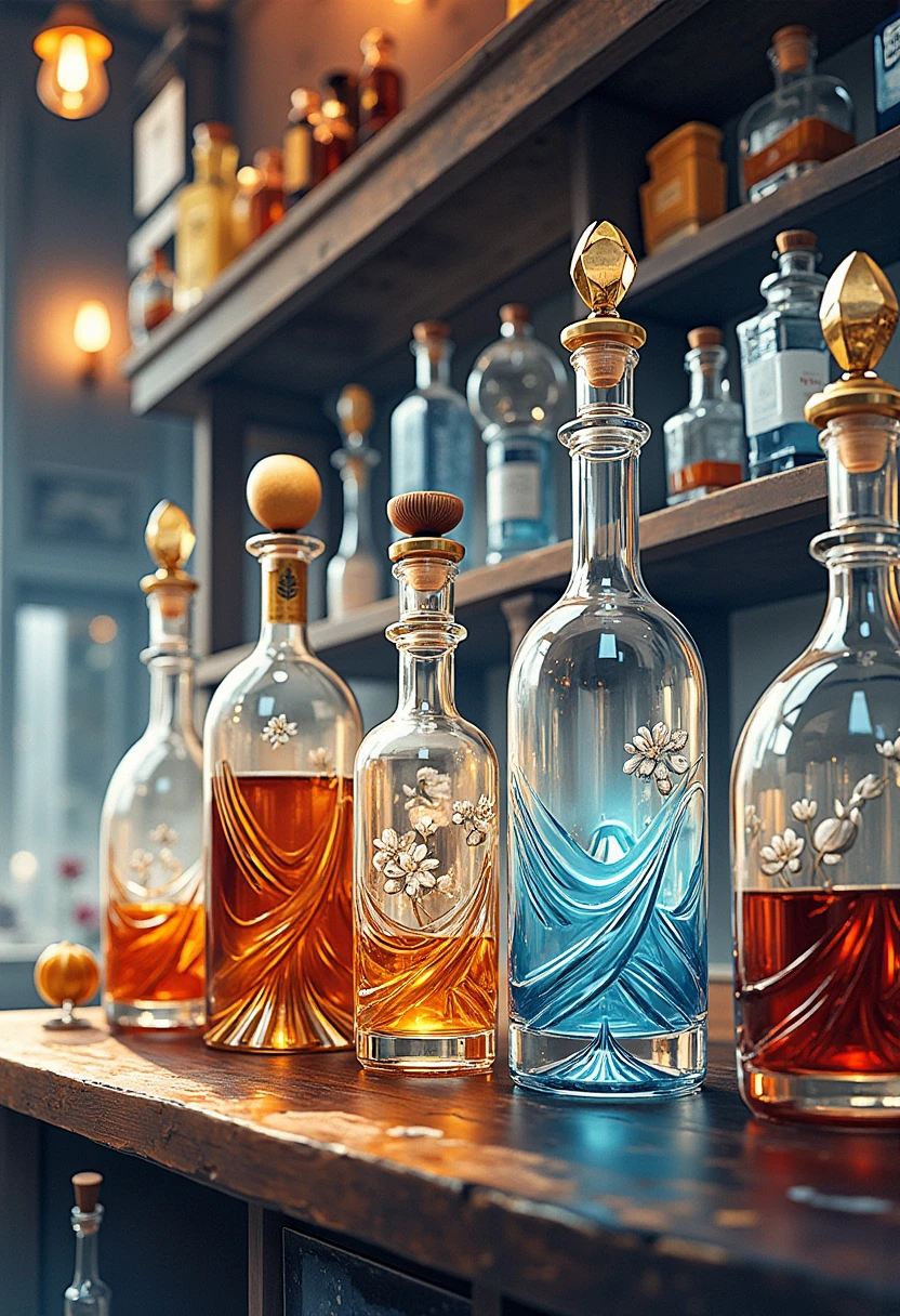 Bar、On the shelf々   bottles arranged in a row  、  Depth of Field、Beautiful glass   、Backlight、  realistic painting style、  high-resolution images  