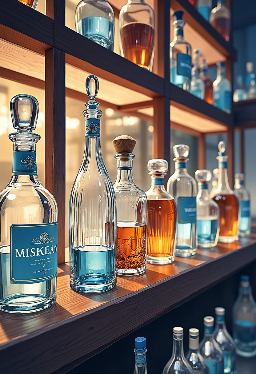 Bar、On the shelf々   bottles arranged in a row  、  Depth of Field、Beautiful glass   、Backlight、  realistic painting style、  high-resolution images  