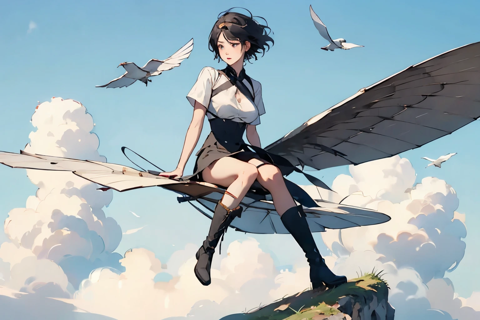  beautiful girl with high breasts、 fly in the sky on a glider in the shape of a bird's wing、Take off from a cliff 、Alone、Beautiful Face、 short cut hair、(goggles)、boots、 blue sky and white clouds 、 see a rural cityscape below 、Detailed Description、Dramatic composition、Best Quality、  High Resolution  、masterpiece、wallpaper、8k、