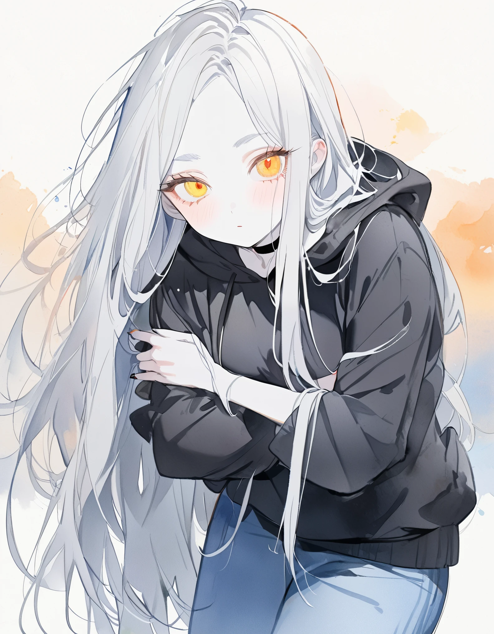 (1 female:white hair,long hair, straight hair, yellow eyes,narrow eye,eyebrows, eyelashes,long nails, black hoodie,black choker,medium breast),(1 male:black hair, handsome,cool,very short hair, parted bangs,red eyes,messy hair, black hoodie,blue pants),white skin,albino,from front, looking viewer,cowboy shot,focus face,(hug from behind:1.1),simple background,white Tone,watercolor,pastel style,masterpiece,best quality,ultra detail, beautiful face, pare skin, perfect hand