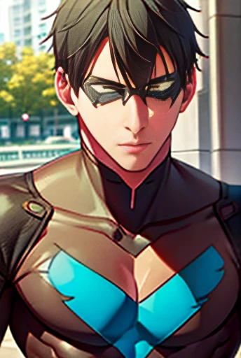 (Highly detailed CG), ( best quality), (Highly detailed CG), ( best quality), Nightwing outfit, Beautiful and attractive young man, Lean and muscular,Having an erection