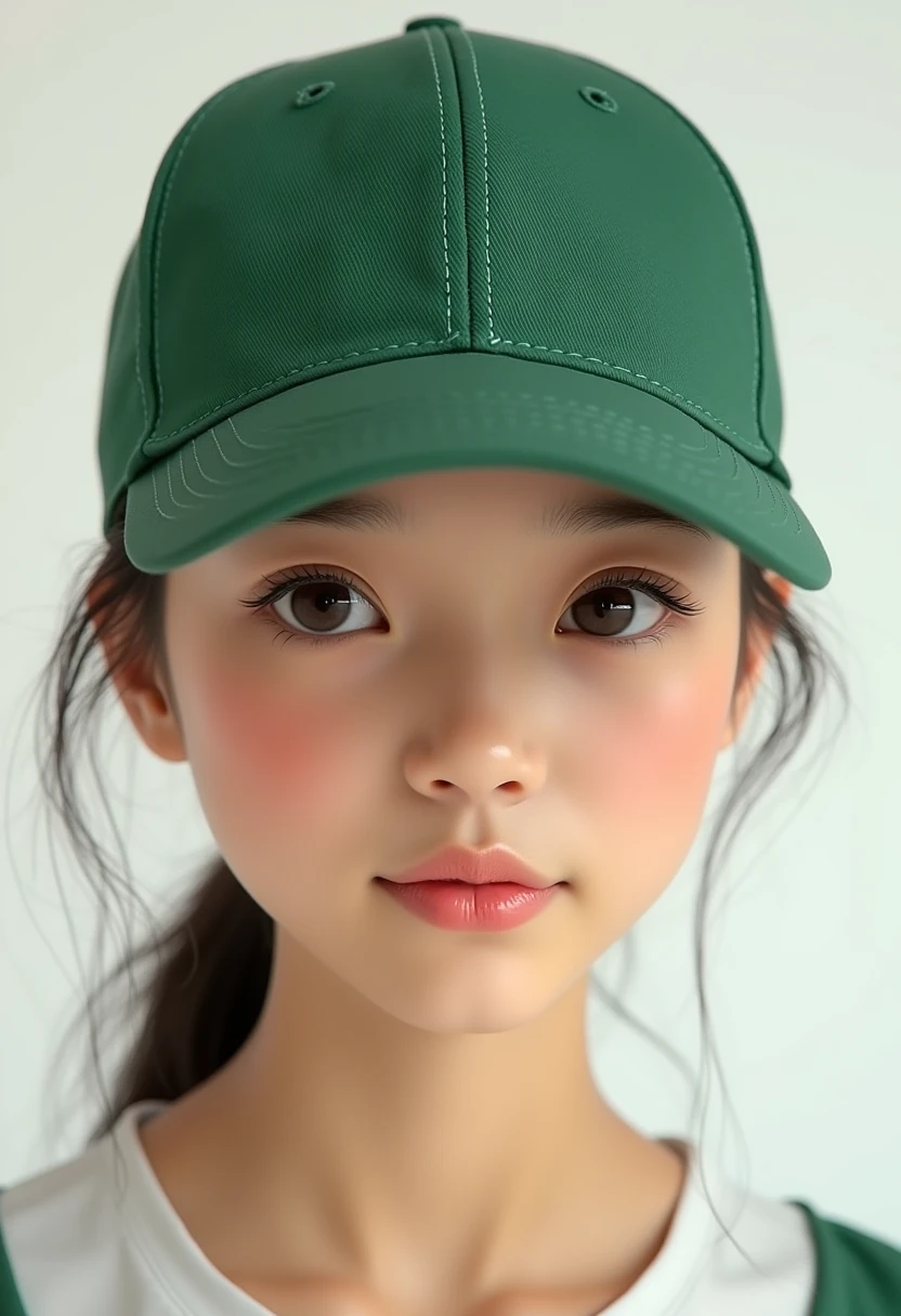 （High image quality、High definition、masterpiece、RAW,Realistic）、 I put on a grass colored baseball cap、simple baseball cap ,1girl