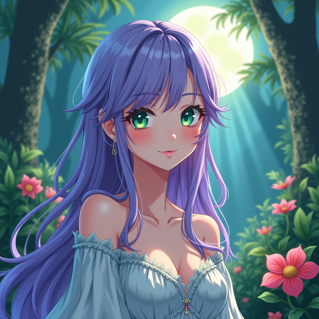 extremely detailed, light particles floating, kneeling in the forest watching spirits, eerie aura, chromatic aberration, colorful forest lights during night time, oily skin, dynamic angle, colorful glowing flowers, night, hair ornament, intricate clothing, sexy, high definition photo, ultra detailed skin, ultra detailed face, small skin imperfections, 1girl, Side-swept bangs, small boobs, flat chest, Curvy body, blue eyes, Lilac hair