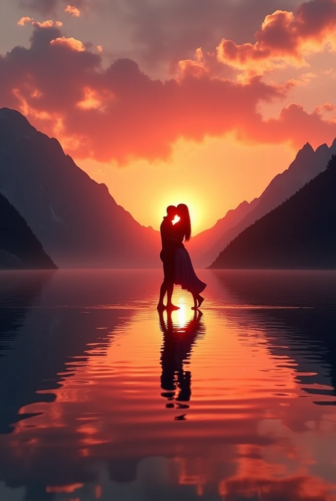  A man and a woman dancing on a large mirror，Behind them are mountains and the sunset ，, making them slightly backlit 