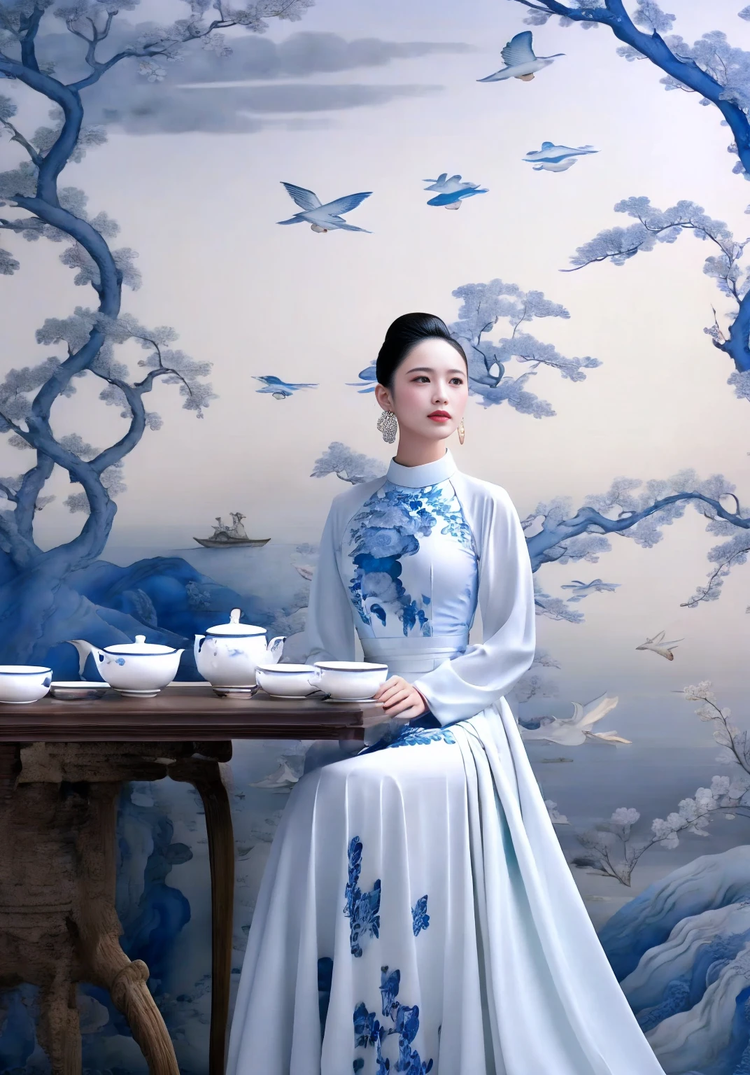 ultra realistic 8k cg, flawless, clean, masterpiece, professional artwork, famous artwork, cinematic lighting, cinematic bloom,,W&B-P,1girl, teapot, jewelry, bird, earrings, hair bun, sitting, solo, table, black hair, tree, dress, single hair bun, teacup, chair, cup,,((masterpiece)),absurdres, ao dai,