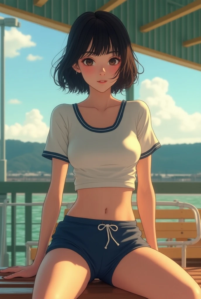 Videl, 1girl, anime screencap, highly detailed, 8k, masterpiece, best quality, spiked hair, biker shorts, from above, city background