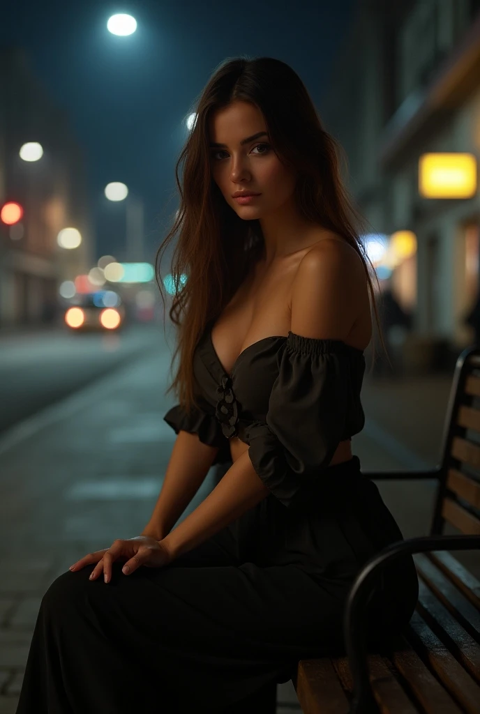 A mais alta qualidade de imagem, detalhes realista, ultra-high resolution, (realismo: 8k), The best illustration, detalhes de uma jovem, uma girl altamente perfeita, com um rosto delicado e lindo, corpor inteiro , corpo perfeito,vestido um colete curto sem manga com a frente aberta, usando lingerie extremamente sexy, segurando um revolver calibre 38 cromado, andando em uma avenida movimentada, The background is a night city high-tech lighting scene.