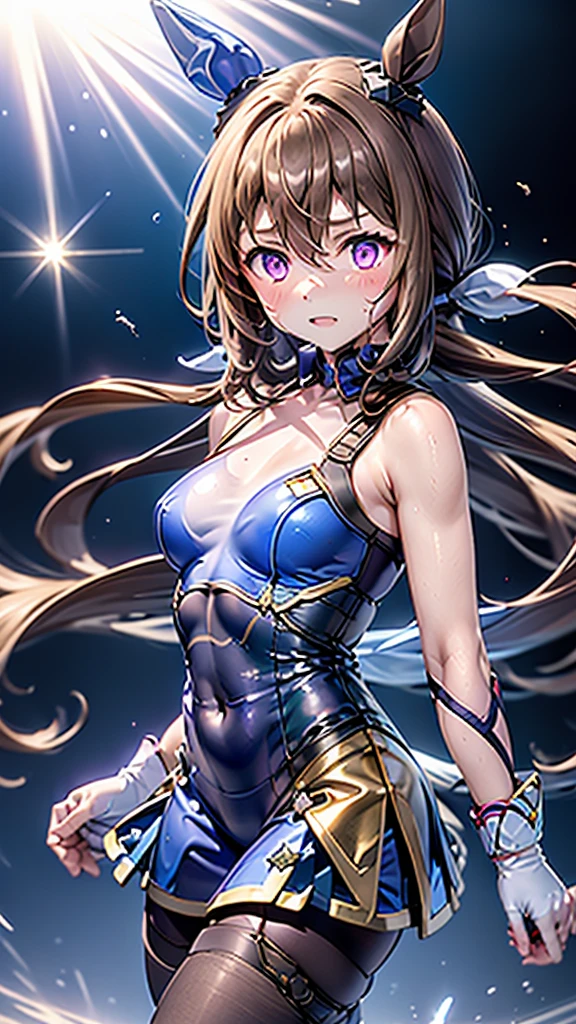 1girl,absurdres,admire_vega_(umamusume),animal_ears,black_bodysuit,blue_capelet,blue_dress,bodysuit,bodysuit_under_clothes,bracer,brown_hair,capelet,center_opening,chokomin,commentary_request,detached_collar,dress,ear_covers,eyes_visible_through_hair,fingerless_gloves,flying_sweatdrops,gloves,hair_between_eyes,highres,horse_ears,horse_girl,horse_tail,light_particles,necktie,nervous_sweating,pantyhose,purple_eyes,running,sleeveless,sleeveless_dress,solo,sweat,tail,_username,umamusume,white_background, best quality, masterpiece, nai3