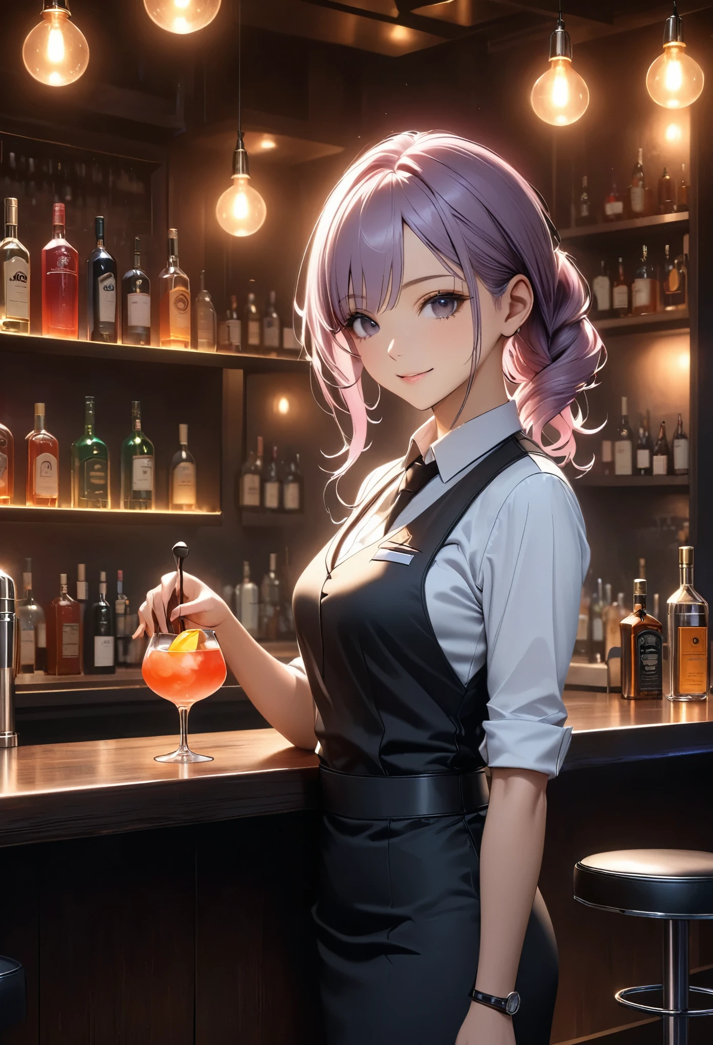  Highly Detailed Bartender 、 1 Female Bartender 、 Bartender Pouring Cocktails 、 Bartender Mixing Drinks 、 Bartender Uniform 、Bar counterの後ろで働くバーテンダー、Bar counter、Bar stool、Bar Interior 、 Complex Bartender Equipment 、Glass bottle、Mood Lighting、 Warm Lights 、Bar counterの反射、Real、 photorealistic 、4K、high quality、masterpiece