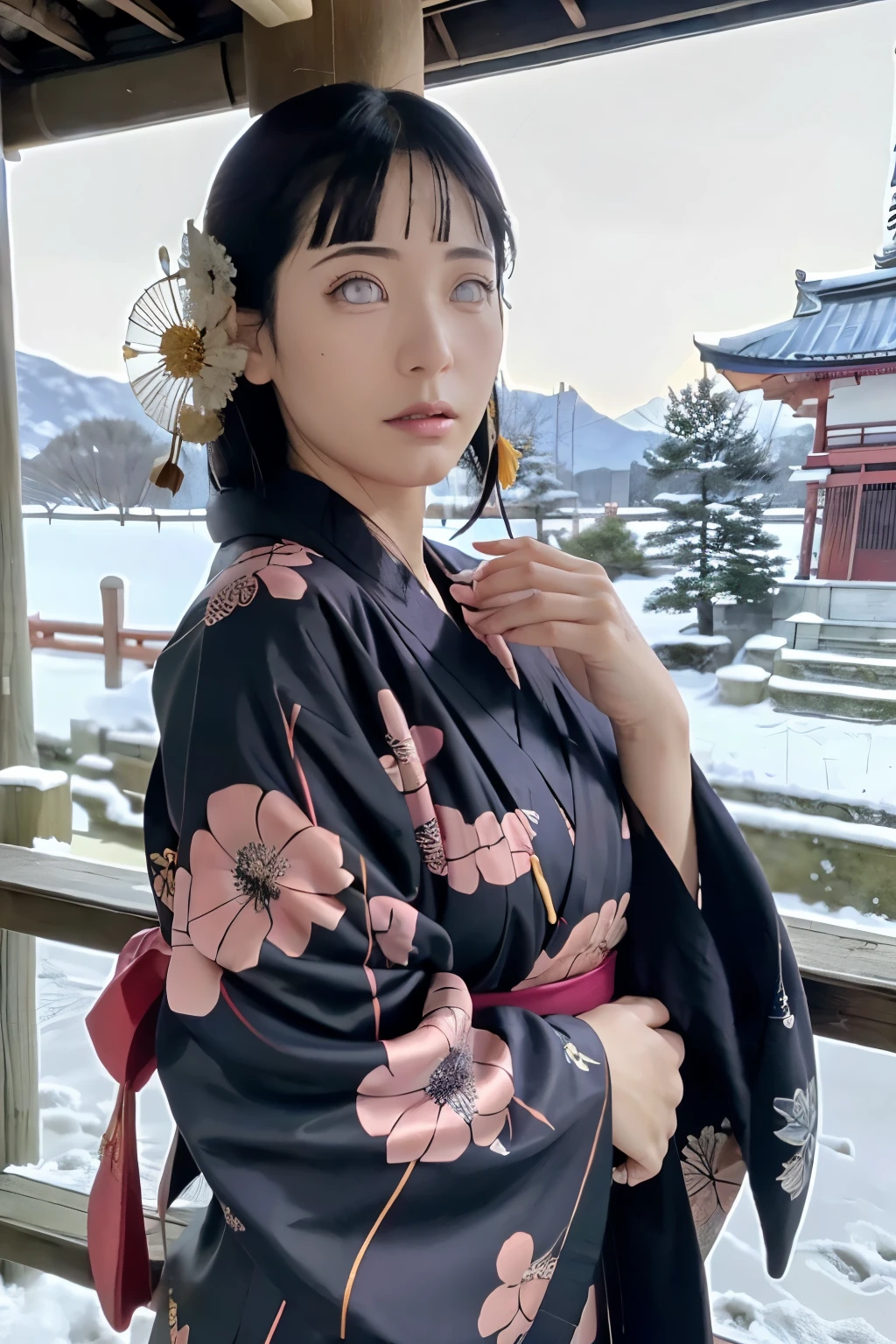 Japanese shinto shrines in snowy landscapes, Early morning of New Year's Day, (A beautiful Japanese girl in a kimono for New Year's celebration, solo, floral print, hair ornaments), masterpiece:1.2, best quality, 8k, RAW photo, (realistic, photo-realistic:1.4), cowboy shot, Like a Japanese Idol, Extremely cute, elegant, Slightly bewitching, parted lips, glossy skin, cinematic composition, professional warm lighting and shading, extremely detailed eyes and face, eyes with beautiful details, insanely detailed beautiful realistic skin texture, (correct body balance, accurate hands, accurate eyes)