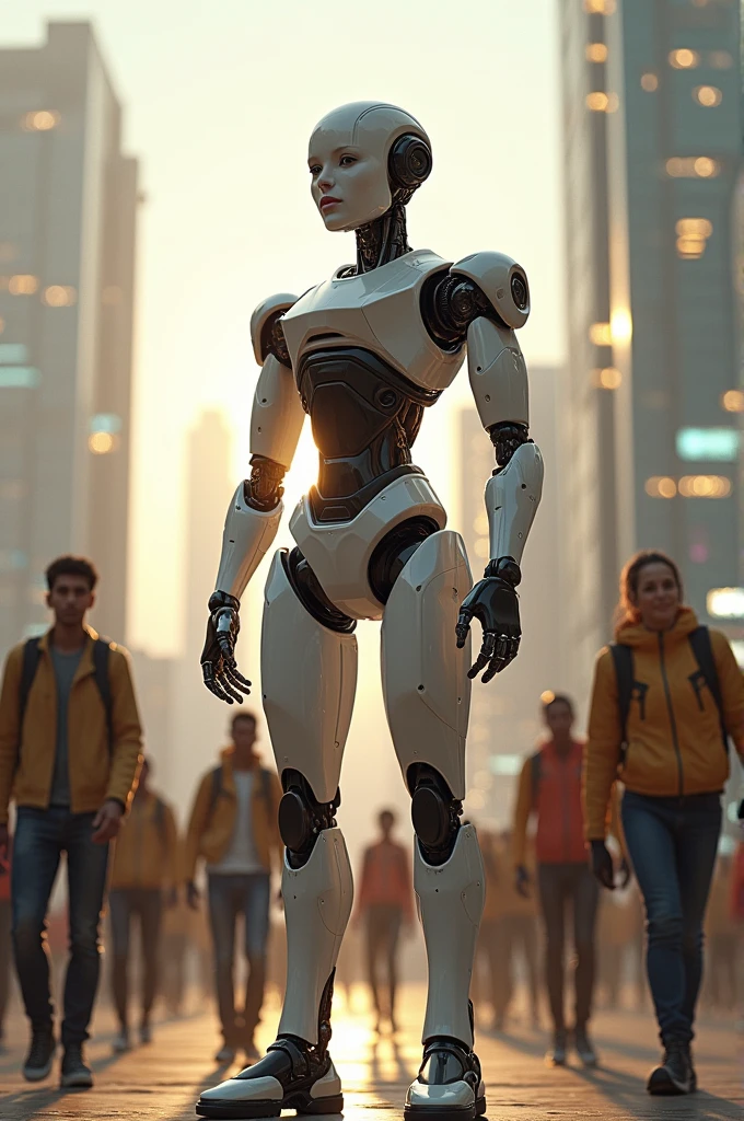 Woman's cyborg walking down the street in a crowd of people in the big city, defile show, high quality, best quality, absurdres, masterpiece, beautiful, intricate details, 1/2 body crop, slim body, beautiful figure, magnificent anatomy, (intricate details:1.12), HDR, (intricate details, hyper-detailing:1.15), (natural skin textures, hyper realisitc, soft light, Sharp:1.2)