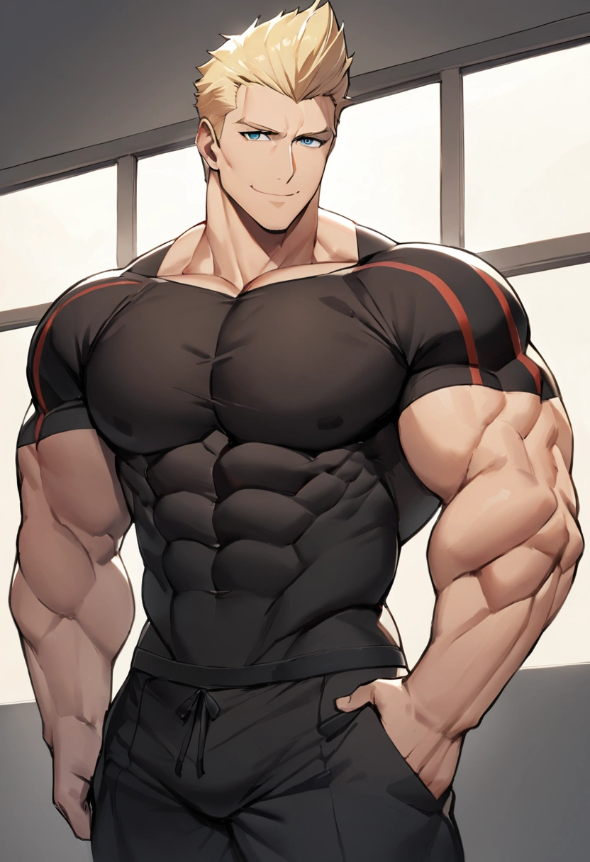 1man, middle-aged man, handsome, 53 year old, blonde hair, quiff sides and tape hairstyle, blue eyes, friendly smile, prominent muscular body, bodybuilder bodyshaped, hypermuscular, taller height, 210 cm height, black sweater, black-v stripped red leather jacket, black trousers with red Y strips, closer distance face, closer distance head, looking at viewers, hyperdetail, aesthetic, dreamy, HD, High Quality, masterpiece, best quality, 8k resolution 