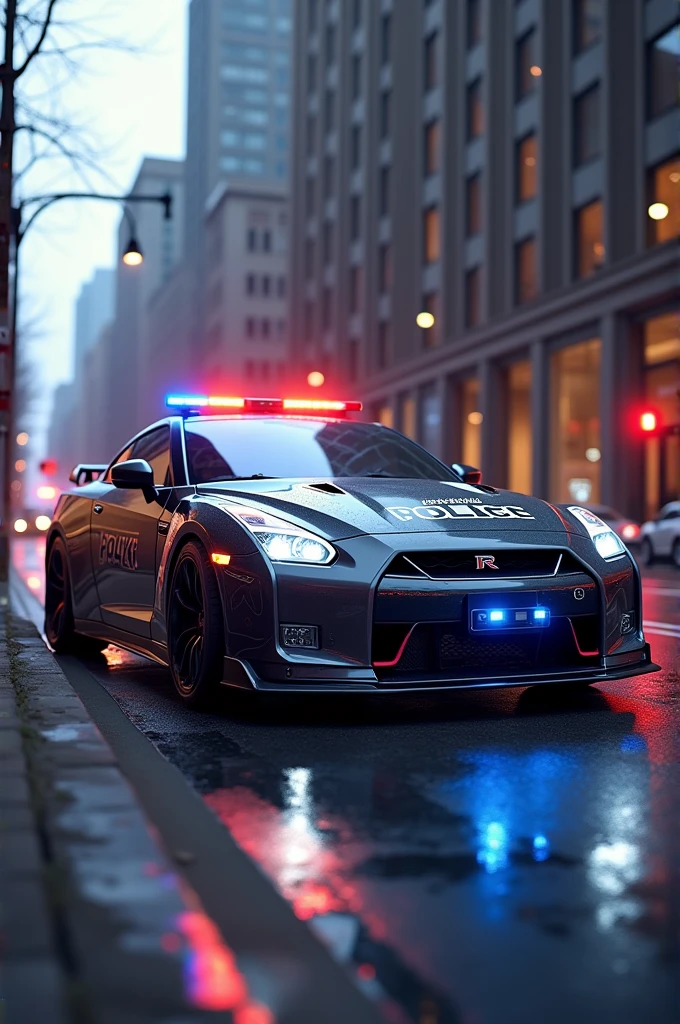 a police car, white and blue struips, neon lightning, rain, head lights, drifting, realistic, ultra hd, 8k, city, buildings, Nissan GT-R, need for speed