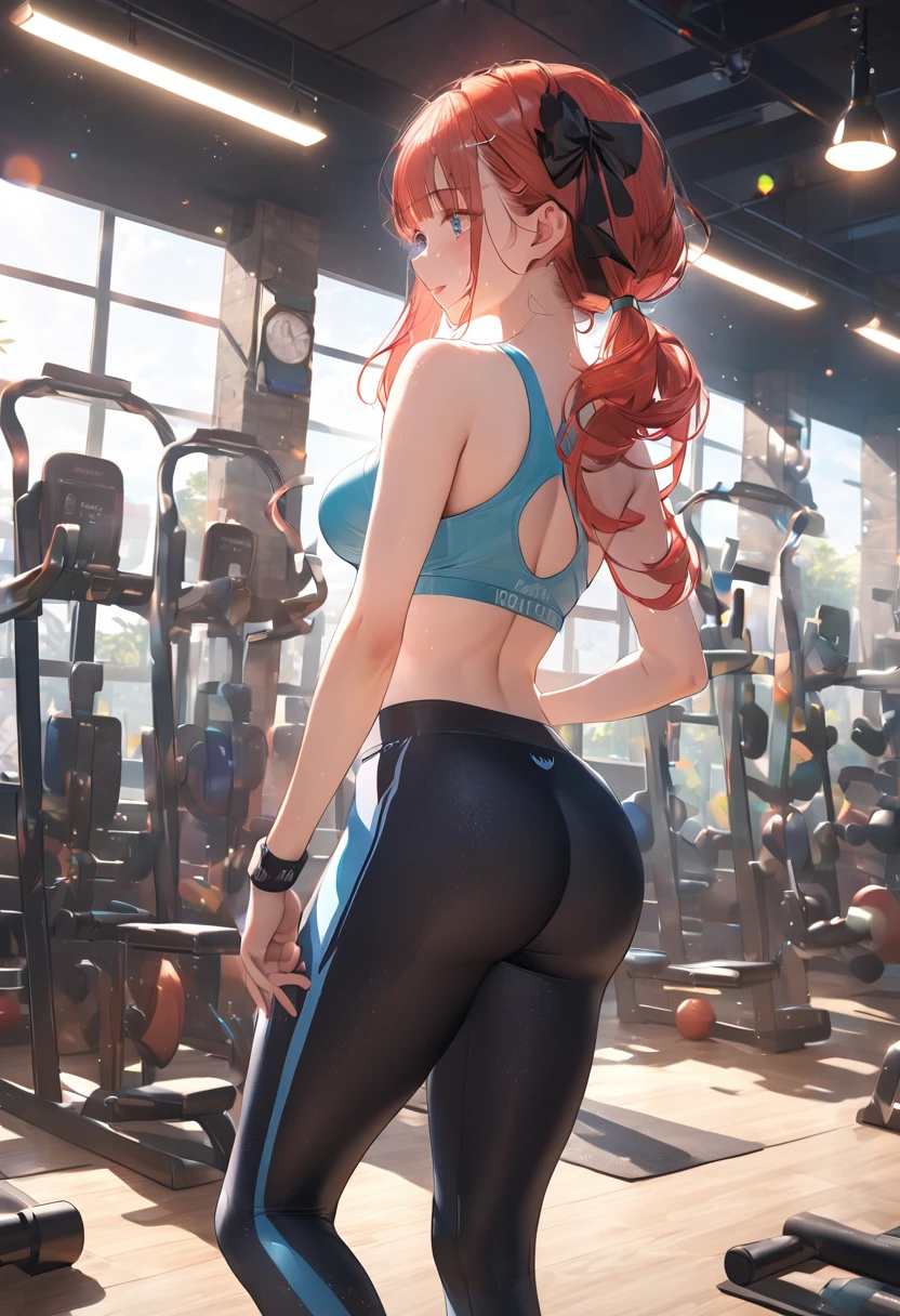 a woman in tight gym clothes, tank top, leggings, athletic pose, dynamic movement, gym interior, exercise equipment, bright lighting, vibrant colors, (best quality,4k,8k,highres,masterpiece:1.2),ultra-detailed,professional,HDR,UHD,studio lighting,ultra-fine painting, round ass ,sharp focus,extreme detail description,vivid colors,bokeh,fitness,workout,exercise, back view, perfect breasts, tight cloths, nilou, niloudress, frilled, standing , perfect ass ,
