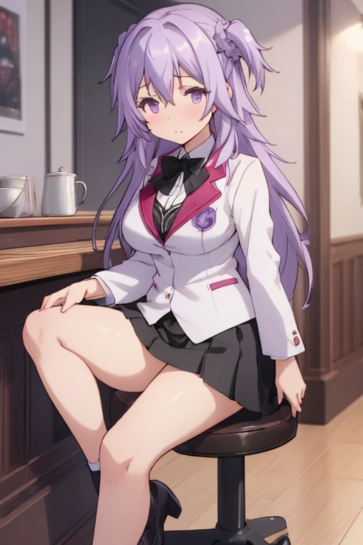 nsfw, (((ultra high res))), (((8k))), ((best quality)), (masterpiece), beautiful, ((illustration)), (((insanely detailed))), dutch angle、Purple Hair, Long Hair, Hair between the eyes, two side up,  purple eyes, Large Breasts、Short、 petite girl、 outfit : school uniform, white jacket, black bowtie, collared shirt, pleated skirt, mini skirt, black skirt、,toudou kirin、 purple eyes,Dark Eyes,(good anatomy:1.2), beautiful eyes, Eye on the details、Coffee shop、 sitting on a chair 、You can see inside her skirt、 white panties visible
