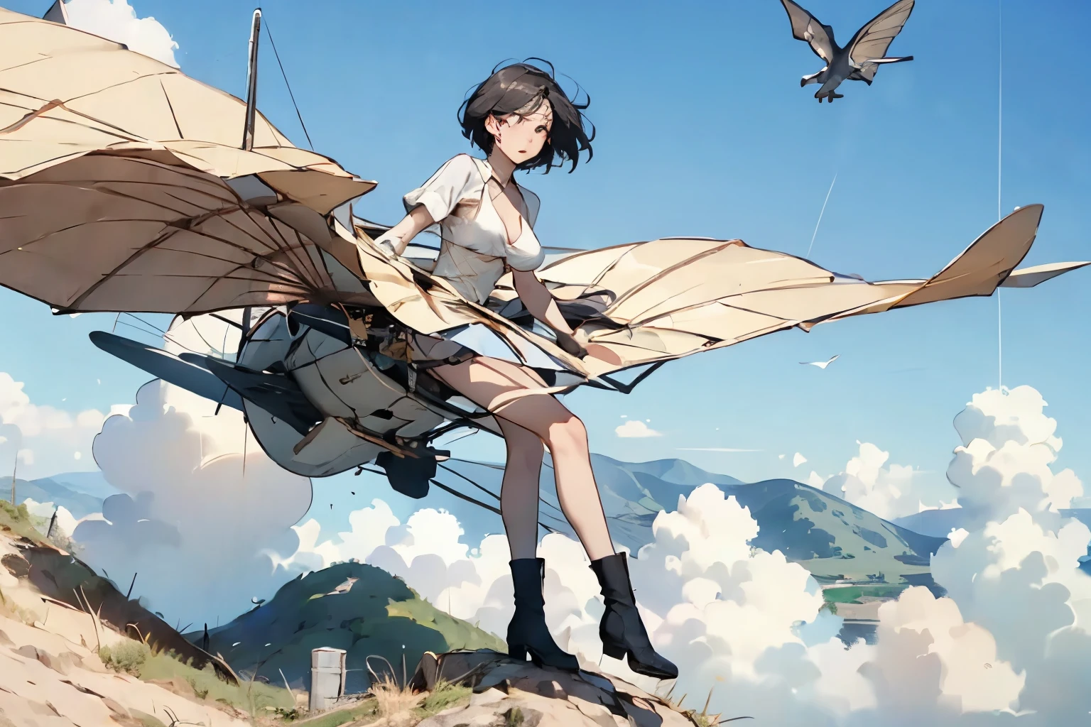  beautiful girl with high breasts、 fly in the sky on a glider in the shape of a bird's wing、Take off from a cliff 、Draw the shape of a glider and the figure of a girl accurately、Alone、Beautiful Face、 short cut hair、(goggles)、boots、 blue sky and white clouds 、 see a rural cityscape below 、Detailed Description、Dramatic composition、Best Quality、  High Resolution  、masterpiece、wallpaper、8k、