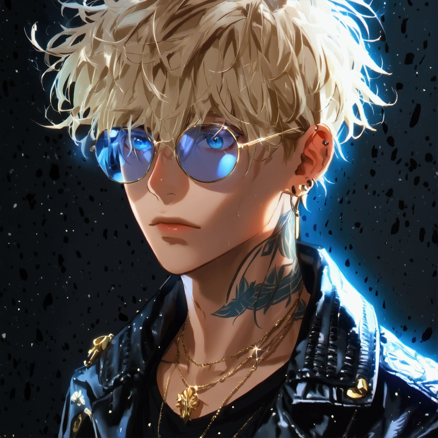 Alone, 1 male,  mash hair blonde ,Fluttering Hair,blue eyes ,Marubuchi sunglasses ,Leather jacket,stylish,,stylish,Ear Piercing,Tattoo,Yankee,,   Gold Necklace  ,  Black suit, look up with the naked eye ,  black background 