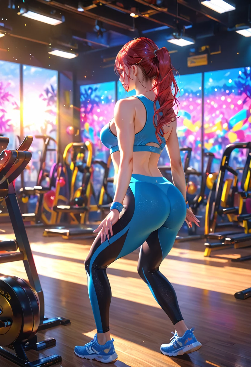 a woman in tight gym clothes, tank top, leggings, athletic pose, dynamic movement, gym interior, exercise equipment, bright lighting, vibrant colors, (best quality,4k,8k,highres,masterpiece:1.2),ultra-detailed,professional,HDR,UHD,studio lighting,ultra-fine painting, round ass ,sharp focus,extreme detail description,vivid colors,bokeh,fitness,workout,exercise, back view, perfect breasts, tight cloths, nilou, niloudress, frilled, standing , perfect ass ,
