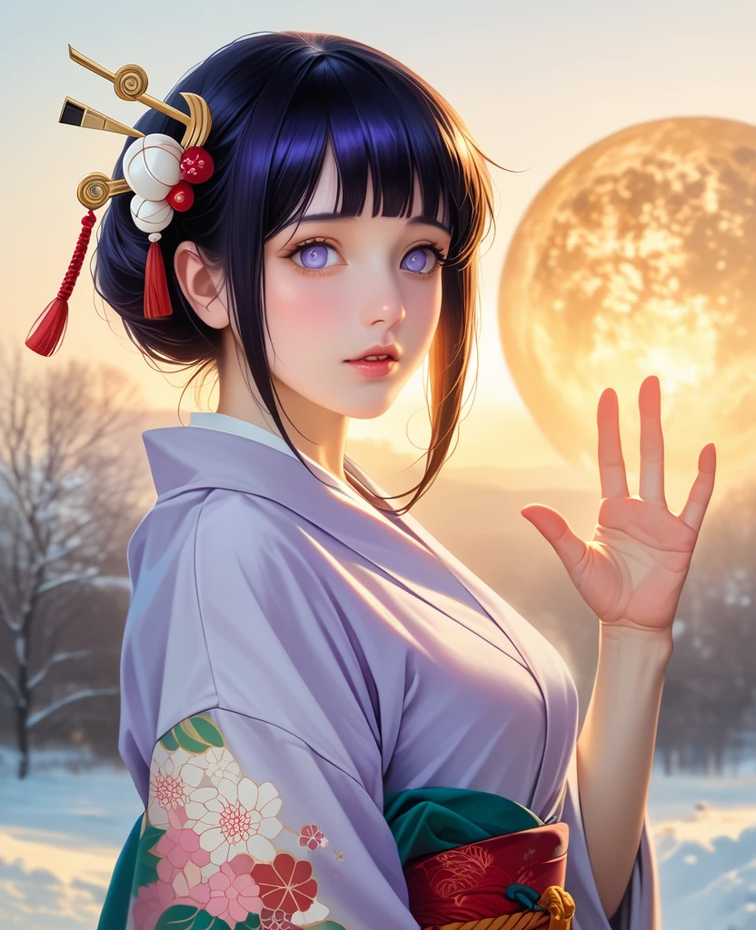 Japanese shinto shrines in snowy landscapes, Early morning of New Year's Day, (Hinata_Hyūga, A beautiful Japanese girl in a kimono for New Year's celebration, solo, floral print, hair ornaments), masterpiece:1.2, best quality, 8k, RAW photo, (realistic, photo-realistic:1.4), cowboy shot, Like a Japanese Idol, Extremely cute, elegant, Slightly bewitching, parted lips, glossy skin, cinematic composition, professional warm lighting and shading, extremely detailed eyes and face, eyes with beautiful details, insanely detailed beautiful realistic skin texture, (correct body balance, accurate hands, accurate eyes)