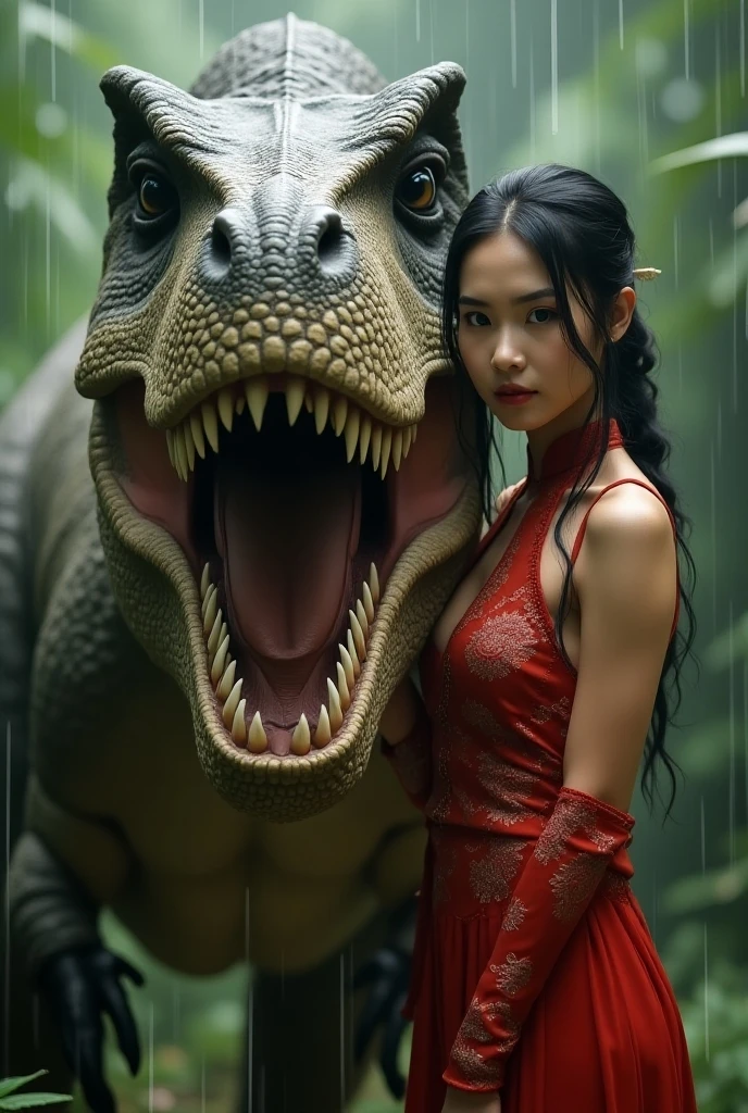 (Best Quality:1.4), Realistic, extremely detailed CG unified 8k wallpaper, highly detailed, High-definition raw color photos, professional photography, Realistic portrait, Cinematic Light, Beautiful detailed, 1girl, Beautiful breasts, (cleavage), (Fine face:1.2), Close up portrait of girl, Bare shoulders, (Beautiful clothes with wide open chest), Outdoors, high intricate detailed, (universal studios Japan, Jurassic World), outdoor, Universal Studios Japan scenery,