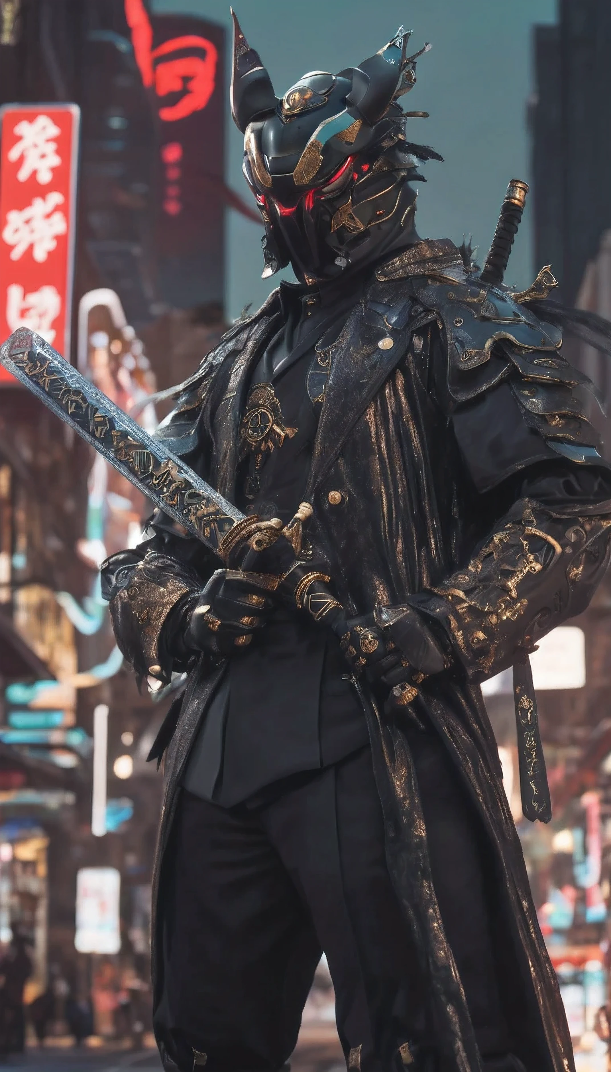 araffe dressed in a black suit holding a sword and a sword, cyborg samurai, cyber japan samurai armor, cyberpunk samurai, very beautiful cyberpunk samurai, full samurai armor spiderman, bio - mechanical ninja samurai, portrait of a cyberpunk samurai, cyber japan style armor, cyber japan armor, celtic and cyberpunk armor, black bull samurai, intricate assasin mecha armor