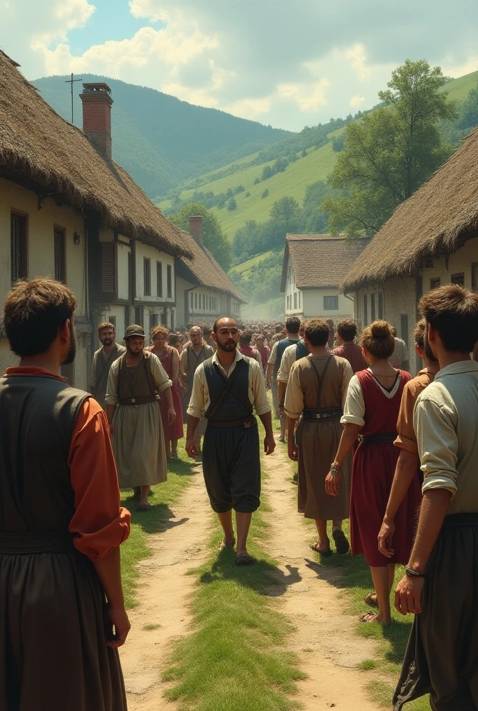 A 30-year-old man stealing a chicken in the Middle Ages, the farmer is chasing the thief.